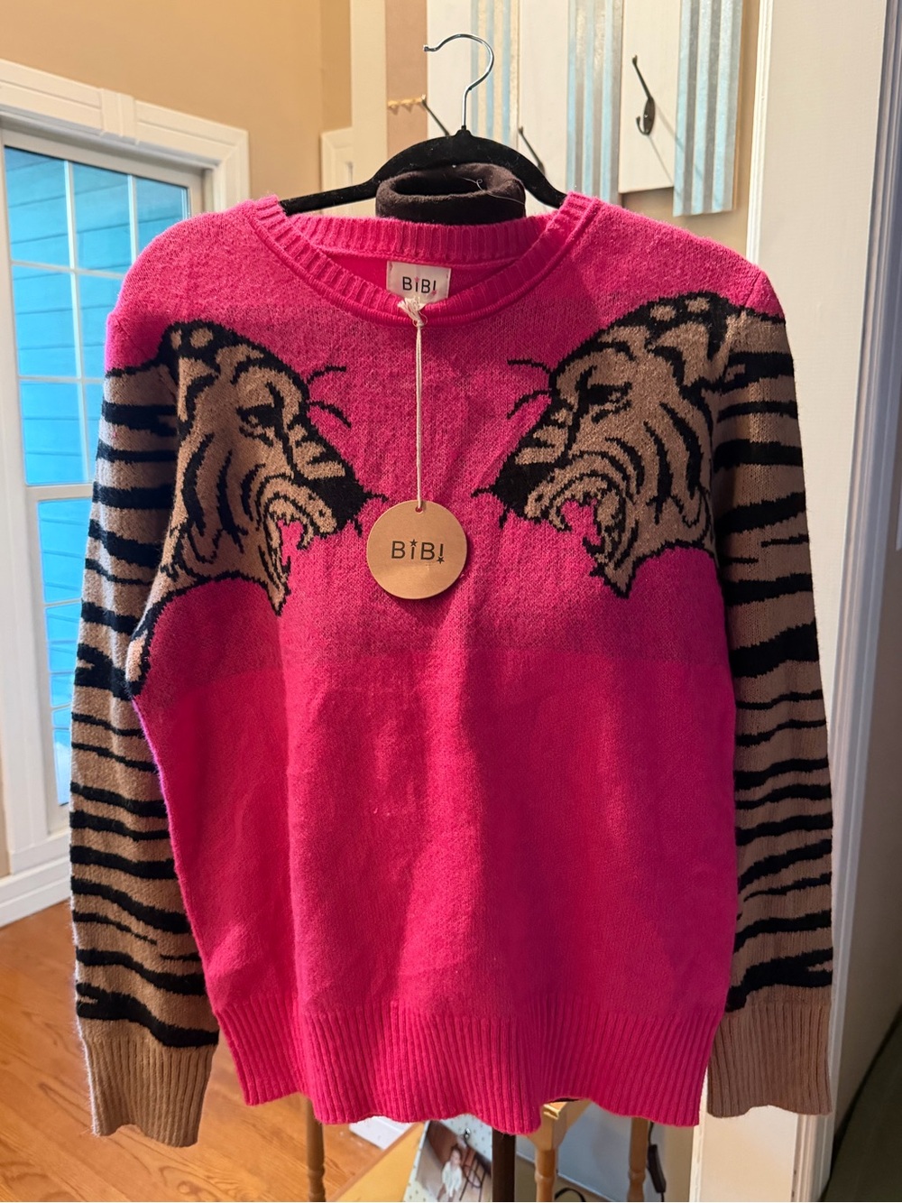 BiBi Hot Pink Crewneck Sweater with Tiger Motifs and Striped Sleeves